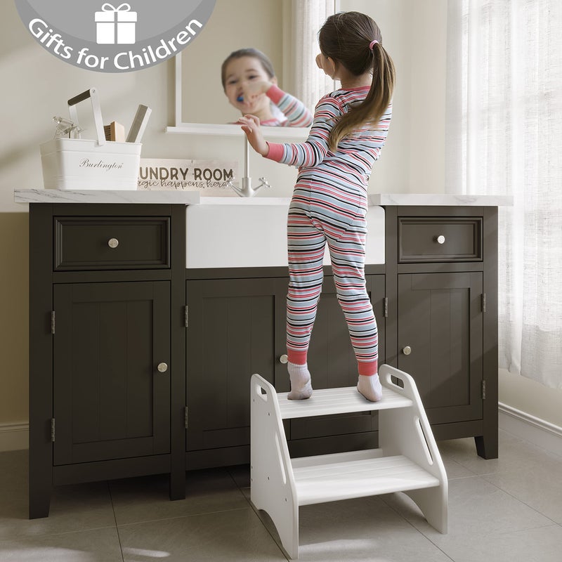AMBIRD Wooden Two Step Stools Toddler with Safety Non-Slip Pads and Handles, Bamboo Step Stool for Bathroom, Bedroom, Kitchen Dual Height Step Stools for Kids (White) - Image 5