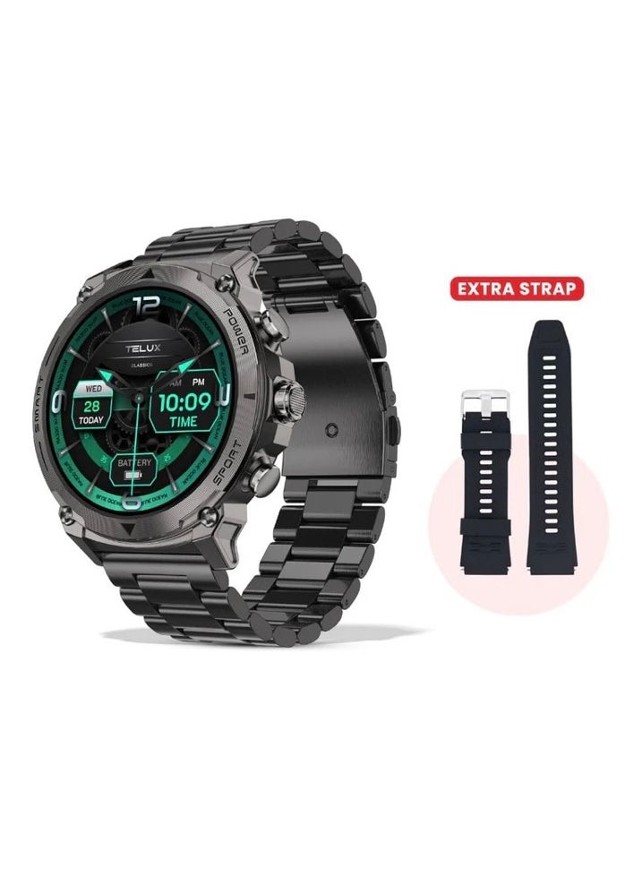 TELUX - TELUX ACTIVEX Smart Calling Watch with 1.43” AMOLED Display & 2 Straps (Stainless Steel & Silicon) - T53 Black - Image 1