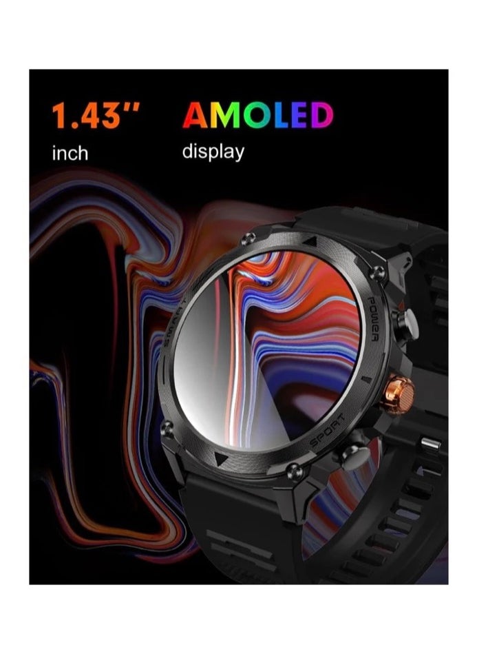 TELUX - TELUX ACTIVEX Smart Calling Watch with 1.43” AMOLED Display & 2 Straps (Stainless Steel & Silicon) - T53 Black - Image 1