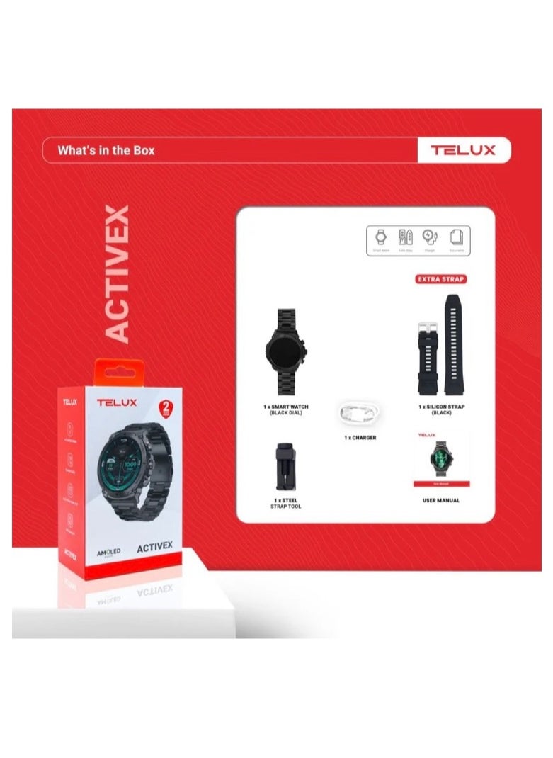 TELUX - TELUX ACTIVEX Smart Calling Watch with 1.43” AMOLED Display & 2 Straps (Stainless Steel & Silicon) - T53 Black - Image 1