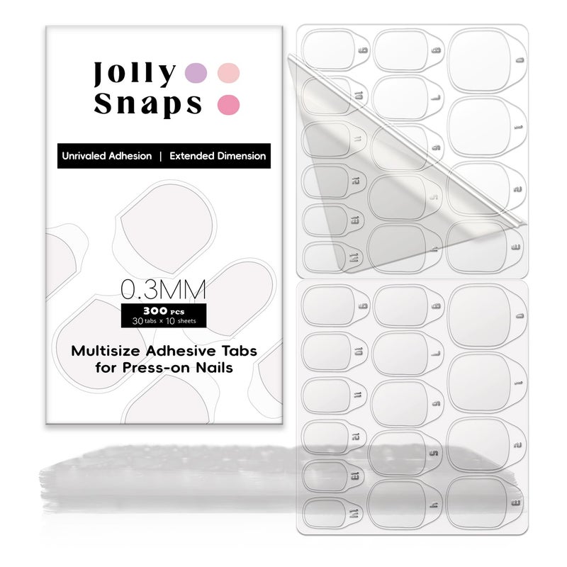 Jolly Snaps 300pcs Adhesive Tabs for Press On Nails, Quick Atâ€‘Home Manicure, Strong Hold & Nonâ€‘Damaging Temporary Wear, Waterproof Ultra Thin 0.3mm Transparent, Fits Most Adult Sizes - Image 1