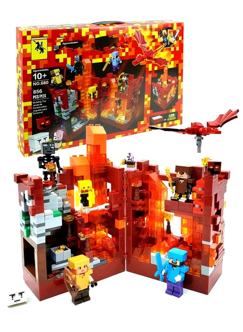 REZZOSS 856 PCS Red Fortress Building Blocks Set with LED Lights – DIY Pixel Game Castle Construction Toy | Themed Battle Playset for Boys & Girls 10+ | Educational STEM Brick Kit | Red Nether World Model with Lava Lighting Effect | Creative Gift - Image 1