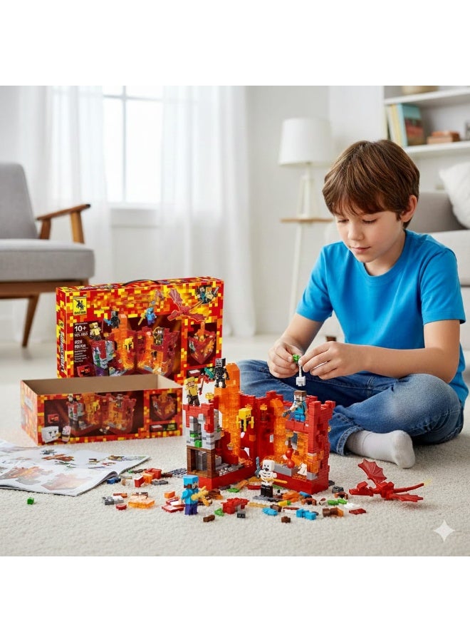 REZZOSS 856 PCS Red Fortress Building Blocks Set with LED Lights – DIY Pixel Game Castle Construction Toy | Themed Battle Playset for Boys & Girls 10+ | Educational STEM Brick Kit | Red Nether World Model with Lava Lighting Effect | Creative Gift - Image 2