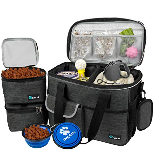 PetAmi Dog Travel Bag Travel Pet Bag Organizer Dog Food Travel Bag with Food Container and Bowls Dog Travel Supplies Gift Accessories for Weekend Camping Dog Cat Diaper Bag Charcoal Medium