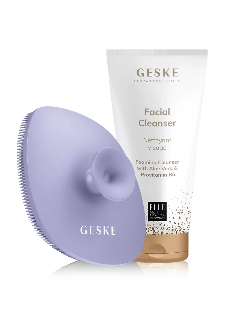 GESKE Foaming Cleanser Lotion,Aloe Vera And Provitamin B5, Deep Cleanse, Exfoliate & Nourish + Sonic Facial Brush 4 in 1 Complete Skincare Set for Radiant, Healthy Skin (Combo Pack)- Purple