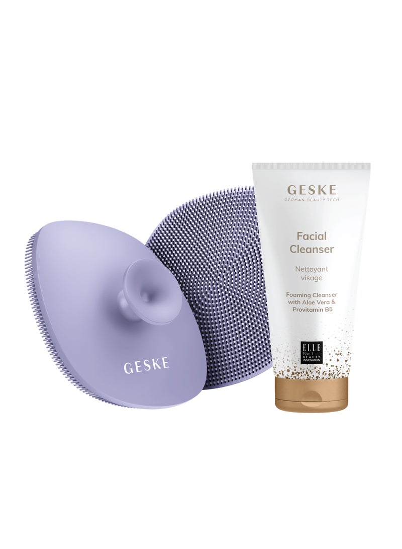 GESKE Foaming Cleanser Lotion,Aloe Vera And Provitamin B5, Deep Cleanse, Exfoliate & Nourish + Sonic Facial Brush 4 in 1 Complete Skincare Set for Radiant, Healthy Skin (Combo Pack)- Purple - Image 1