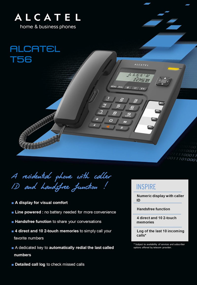 Alcatel T-56 Black corded landline phone with caller id and handsfree function supported by date/time display & 4 direct 10 two touch memories. - Image 3