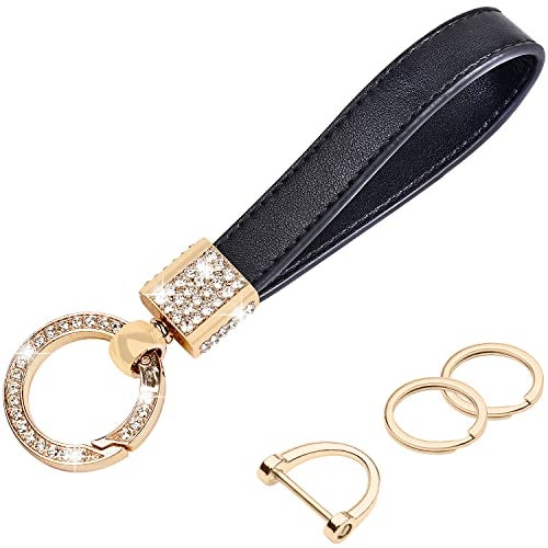 Wisdompro Genuine Leather Car Keychain, Universal Bling Key FOB Keychain Holder Leather Key Chains Women for Car Keys with Anti-lost D-ring, 2 Keyrings, 360 Degree Rotatable - Black - Image 1