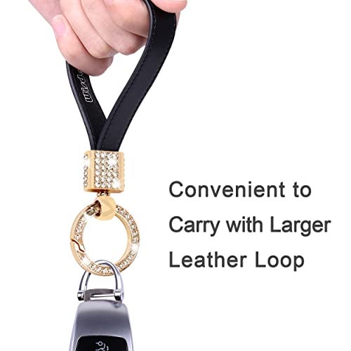 Wisdompro Genuine Leather Car Keychain, Universal Bling Key FOB Keychain Holder Leather Key Chains Women for Car Keys with Anti-lost D-ring, 2 Keyrings, 360 Degree Rotatable - Black - Image 4