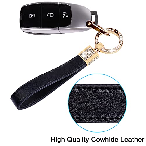 Wisdompro Genuine Leather Car Keychain, Universal Bling Key FOB Keychain Holder Leather Key Chains Women for Car Keys with Anti-lost D-ring, 2 Keyrings, 360 Degree Rotatable - Black - Image 3