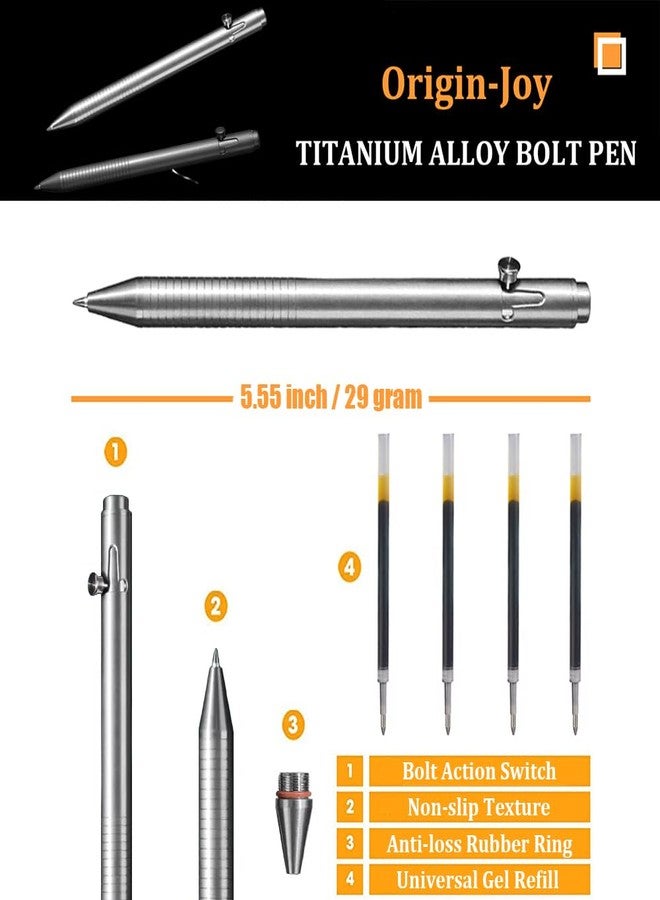 Origin-Joy Titanium Alloy Bolt Action Pen, Slim Lightweight EDC Signature Tactical Pen With 5 Ballpoint Refills (Silver) - Image 2