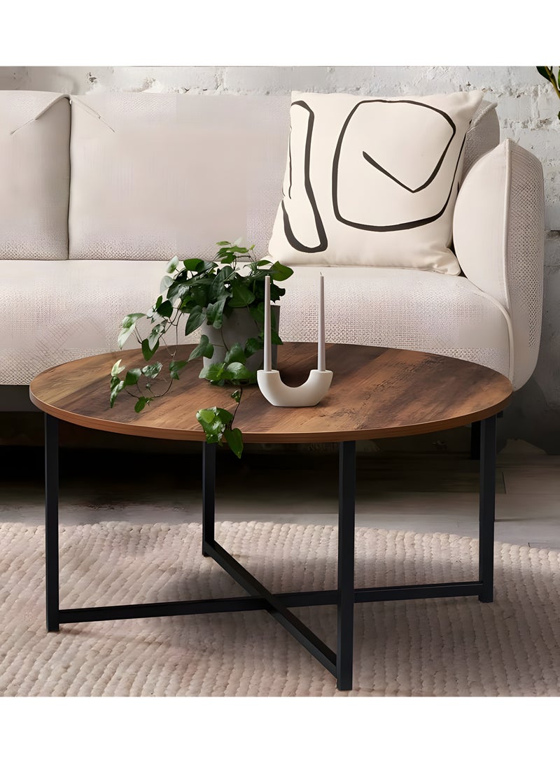 طاولة قهوة دائرية بسطح خشبي وقاعدة معدنية