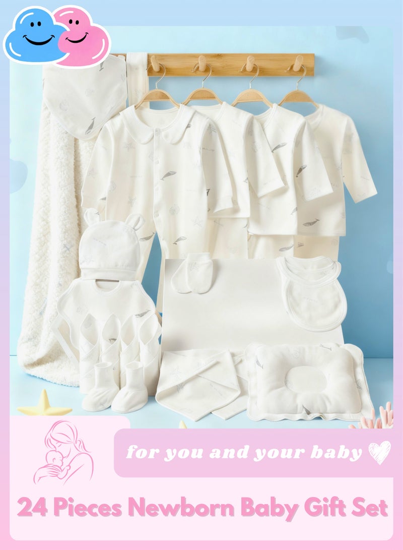 مجموعة هدايا للأطفال مكونة من 24 قطعة - للأولاد والبنات، مصنوعة من القطن 100%، تشمل ملابس داخلية، قبعة، مريلة، وسادة، مناشف، ومستلزمات أساسية للمواليد الجدد، مناسبة لجميع الفصول من 0 إلى 3 أشهر - Image 1