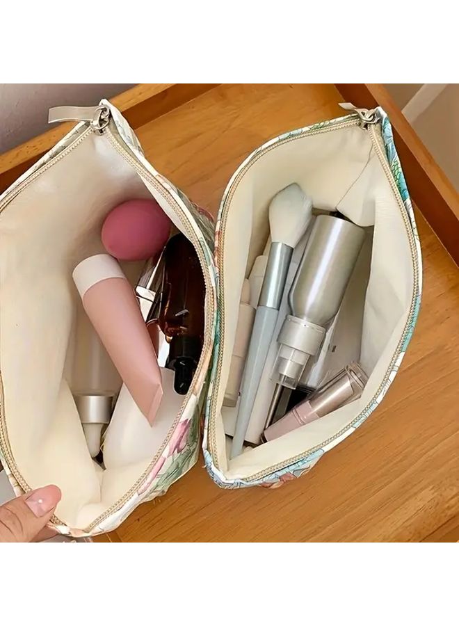 حقيبة مكياج زهرية متوسطة السعة بسحاب، حقيبة مستحضرات تجميل محمولة مربعة الشكل - Image 3