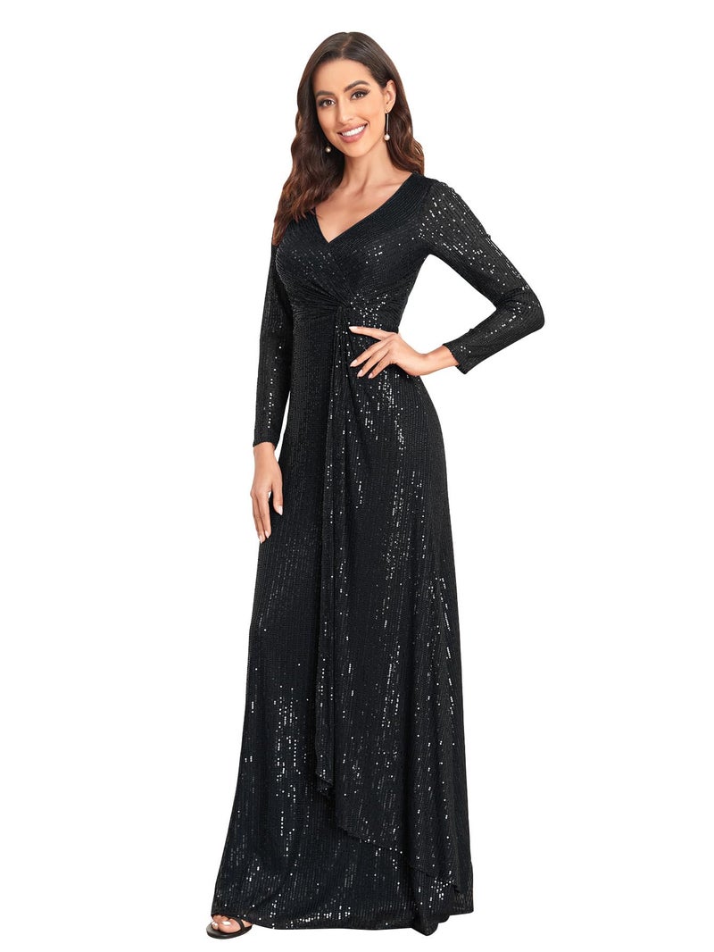 XUIBOL Glitter Sequin Formal Evening Gown Long Sleeve V Neck Wedding Guest Dress for Women Black M - Image 1