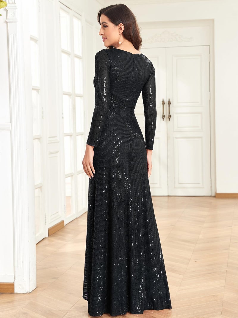 XUIBOL Glitter Sequin Formal Evening Gown Long Sleeve V Neck Wedding Guest Dress for Women Black M - Image 2