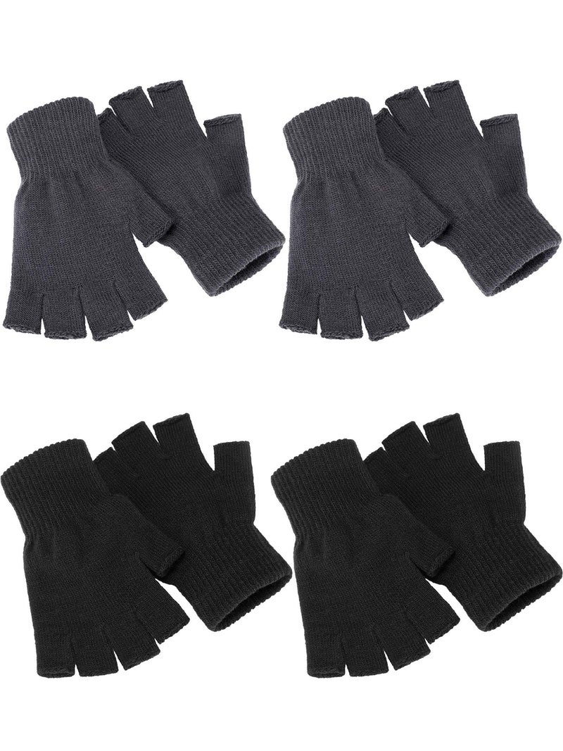 Satinior 4 Pairs Winter Half Finger Gloves Knitted Fingerless Mittens Warm Stretchy Gloves for Men and Women (Black, Grey) - Image 1