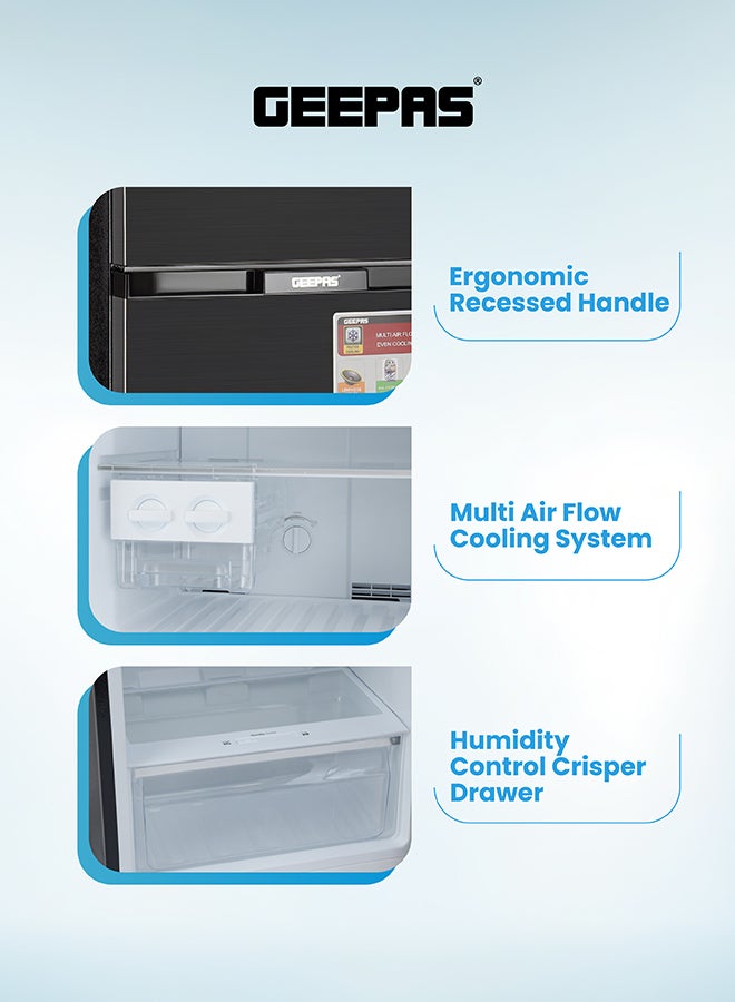 GEEPAS Total No Frost Double Door Refrigerator - 251L Gross Capacity (53L Freezer / 198L Refrigerator) - Stainless Steel Finish - Long Lasting Freshness - Multi Air Flow - Recessed Handle - Glass Shelves - High-Quality Tempered Glass Shelves GRF3309SSXN Silver - Image 4
