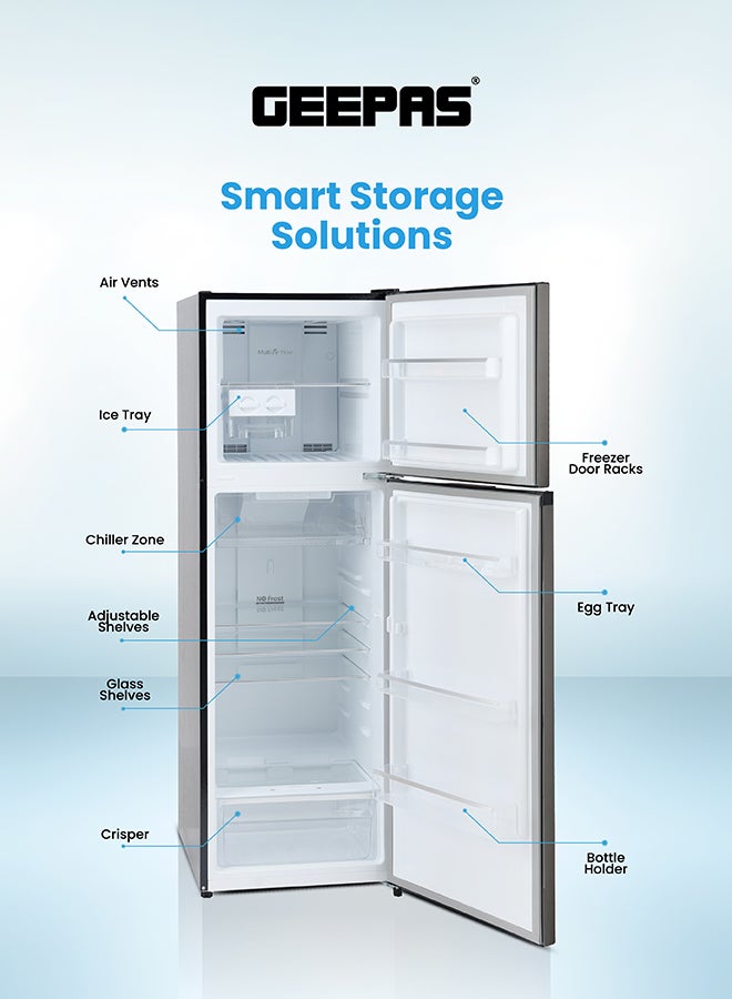 GEEPAS Total No Frost Double Door Refrigerator - 251L Gross Capacity (53L Freezer / 198L Refrigerator) - Stainless Steel Finish - Long Lasting Freshness - Multi Air Flow - Recessed Handle - Glass Shelves - High-Quality Tempered Glass Shelves GRF3309SSXN Silver - Image 3