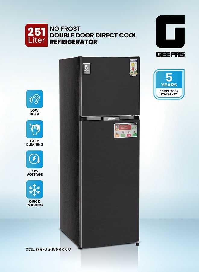 GEEPAS Total No Frost Double Door Refrigerator - 251L Gross Capacity (53L Freezer / 198L Refrigerator) - Stainless Steel Finish - Long Lasting Freshness - Multi Air Flow - Recessed Handle - Glass Shelves - High-Quality Tempered Glass Shelves GRF3309SSXN Silver - Image 1