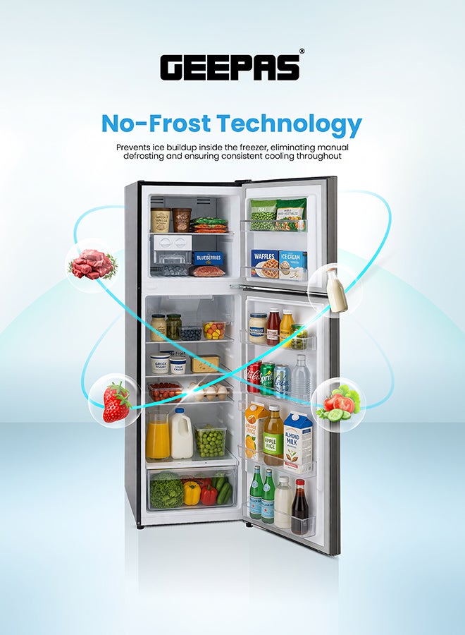 GEEPAS Total No Frost Double Door Refrigerator - 251L Gross Capacity (53L Freezer / 198L Refrigerator) - Stainless Steel Finish - Long Lasting Freshness - Multi Air Flow - Recessed Handle - Glass Shelves - High-Quality Tempered Glass Shelves GRF3309SSXN Silver - Image 2