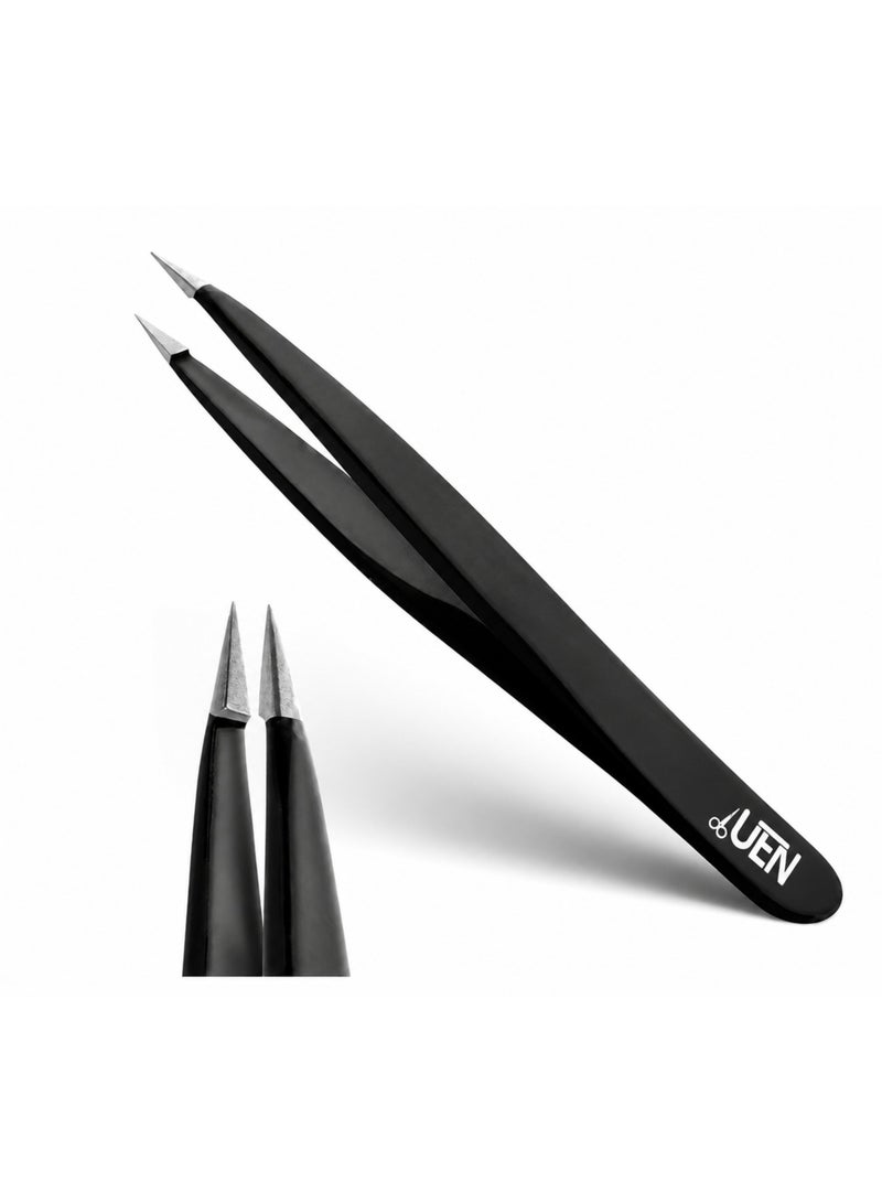 UEN Professional Pointed Tweezers - High Carbon Stainless Steel, Point-Tip Precision Tweezers for Ingrown Hair, Eyebrows, Facial Hair, Splinters, Glass Removal - Perfectly Aligned, Hand-Filed- BLACK - Image 1