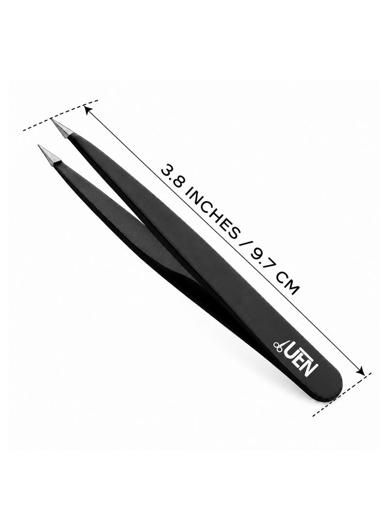 UEN Professional Pointed Tweezers - High Carbon Stainless Steel, Point-Tip Precision Tweezers for Ingrown Hair, Eyebrows, Facial Hair, Splinters, Glass Removal - Perfectly Aligned, Hand-Filed- BLACK - Image 2