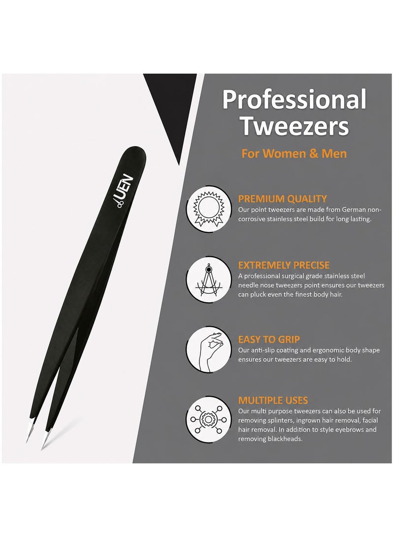 UEN Professional Pointed Tweezers - High Carbon Stainless Steel, Point-Tip Precision Tweezers for Ingrown Hair, Eyebrows, Facial Hair, Splinters, Glass Removal - Perfectly Aligned, Hand-Filed- BLACK - Image 3