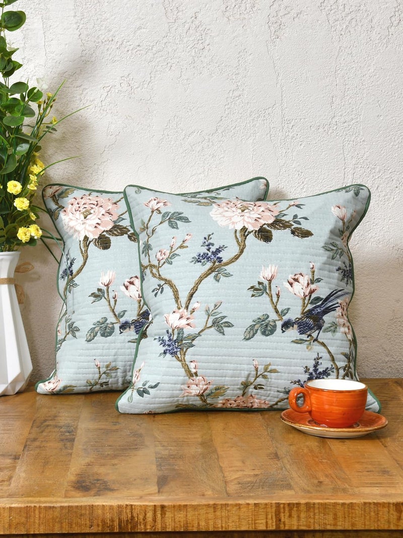 Clasiko Cotton 300 TC Cushion Covers Set of 2; 20X20 Inches; Light Flowers On Light Blue - Image 1