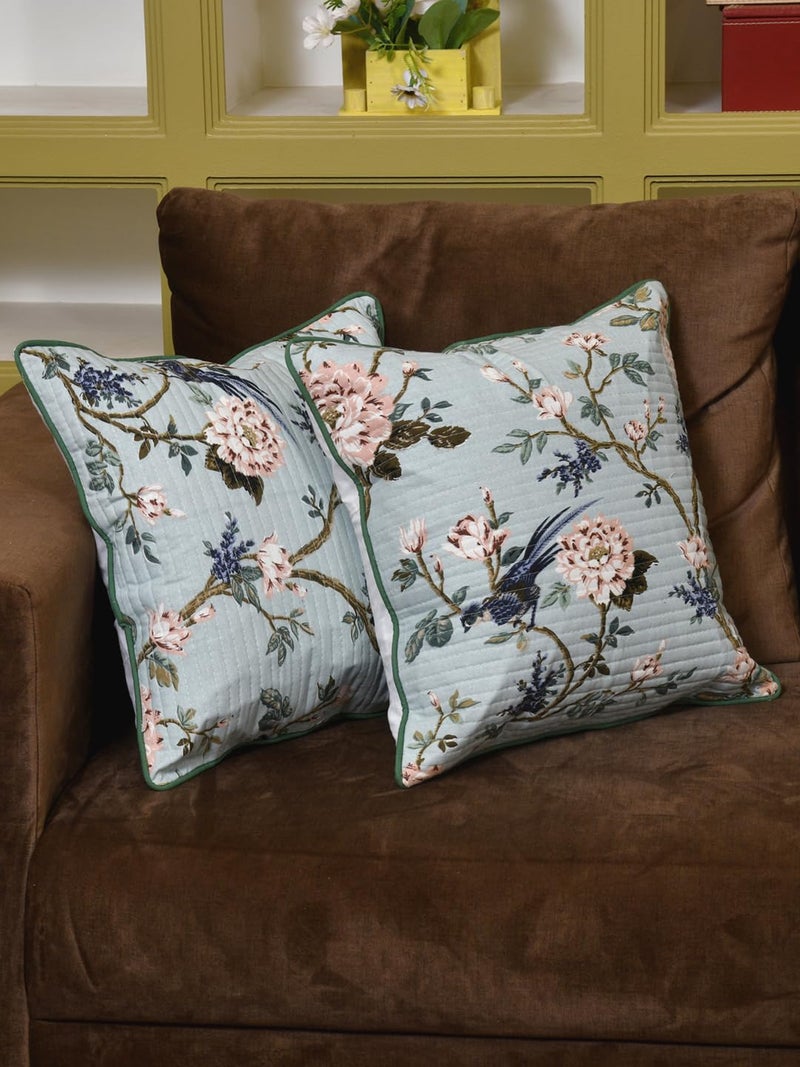Clasiko Cotton 300 TC Cushion Covers Set of 2; 20X20 Inches; Light Flowers On Light Blue - Image 2