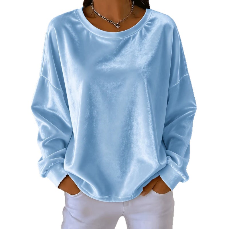Women's Velvet Sweatshirt - Round Neck, Long Sleeve, Relaxed Fit - Image 5