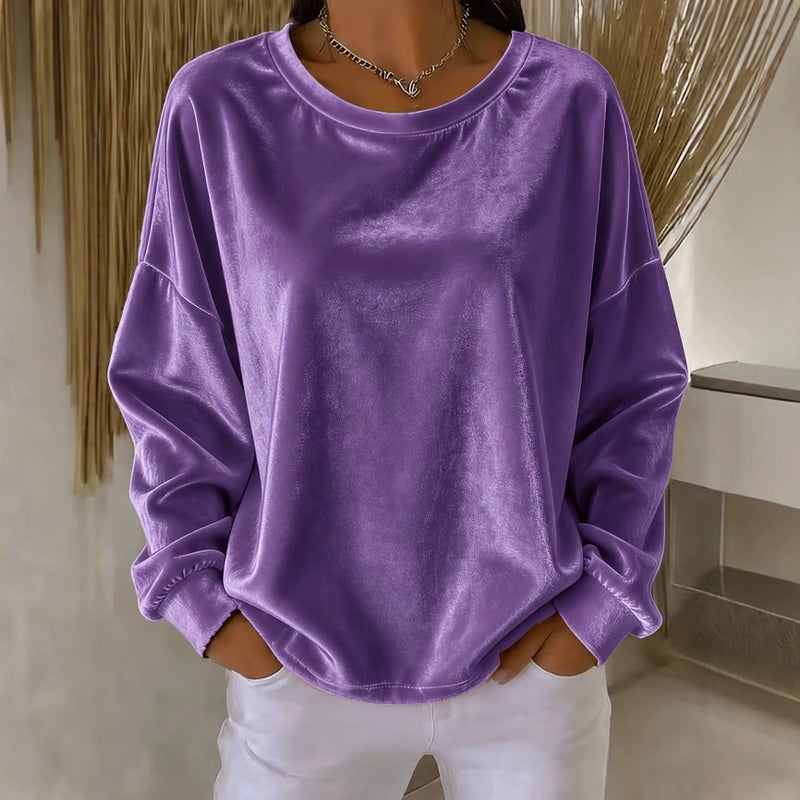 Women's Velvet Sweatshirt - Round Neck, Long Sleeve, Relaxed Fit - Image 1