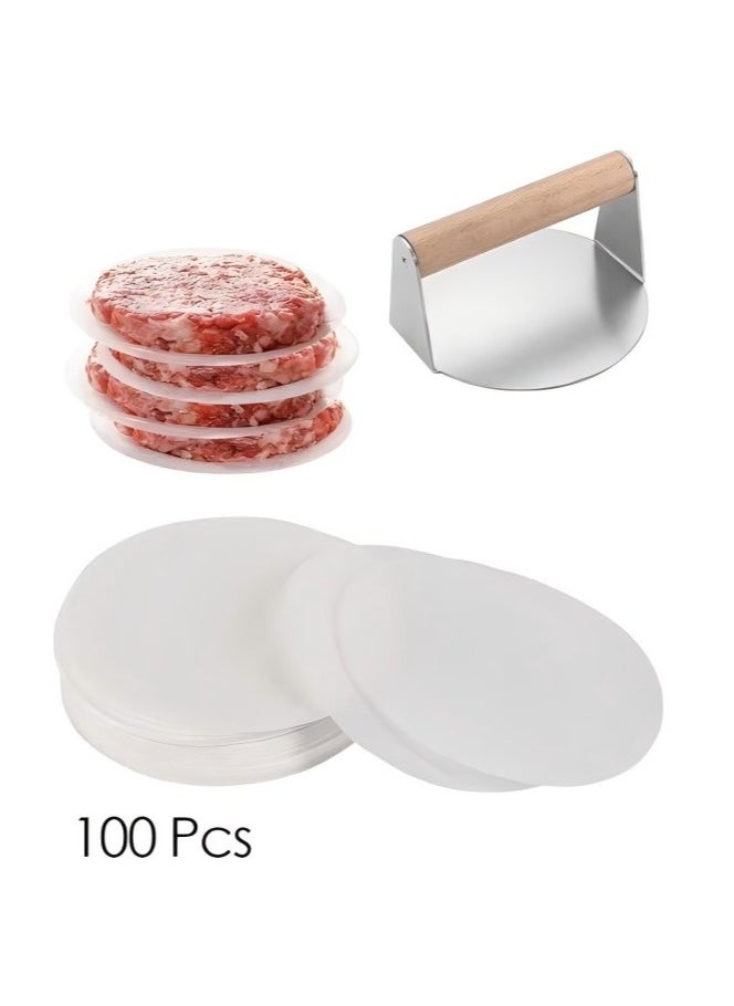 Bukela Meat Press Burger Press with Hamburger Patty Paper Round 12Cm, Set of 100, Non Stick Patty Paper Sheets for Burger Press, Patty Serperate and Cake Baking  - Image 1