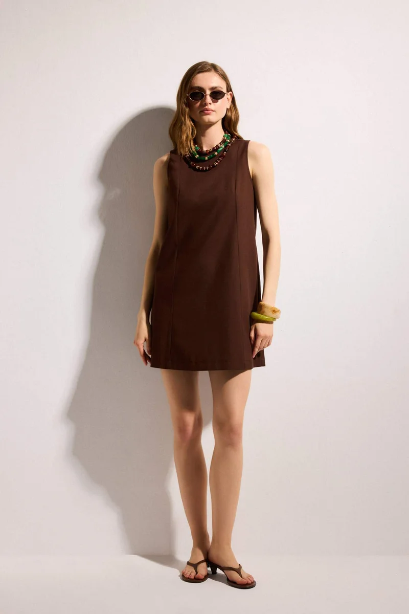 ديفاكتو Crew Neck Linen Look Sleeveless Midi Dress