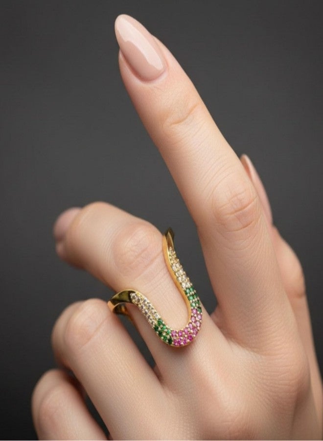 ZEELLO Gold Plated Venki Ring for Women | Traditional Curved Vanki Design with Multicolor Stones | Ethnic Finger Ring - Image 2