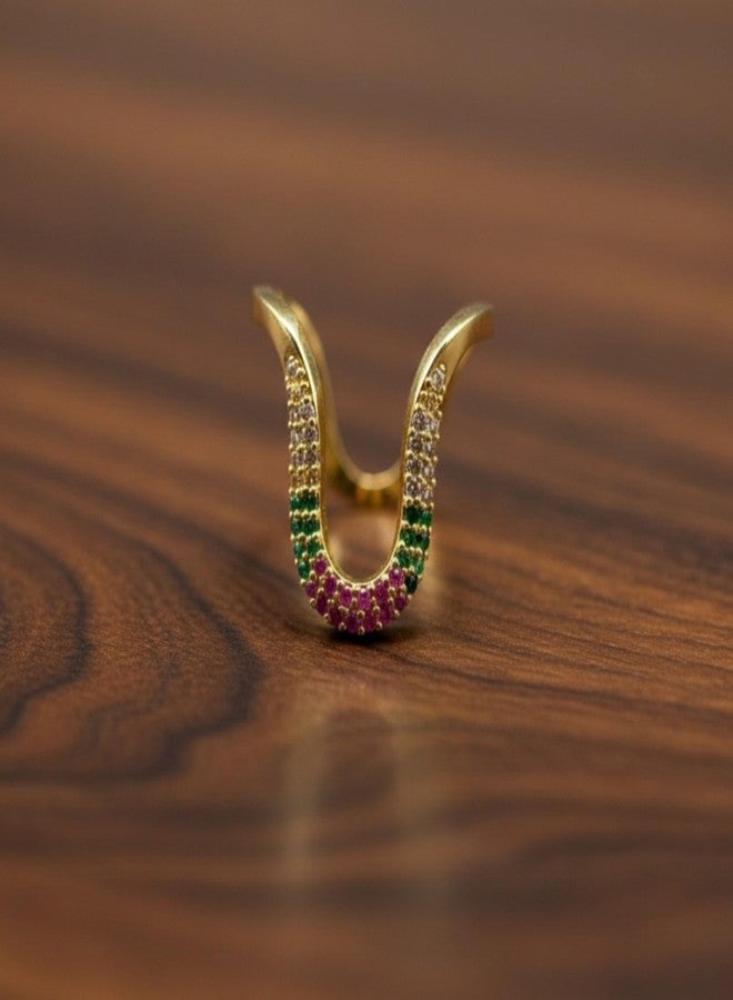 ZEELLO Gold Plated Venki Ring for Women | Traditional Curved Vanki Design with Multicolor Stones | Ethnic Finger Ring - Image 4