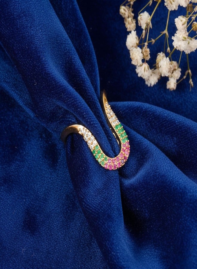 ZEELLO Gold Plated Venki Ring for Women | Traditional Curved Vanki Design with Multicolor Stones | Ethnic Finger Ring - Image 3