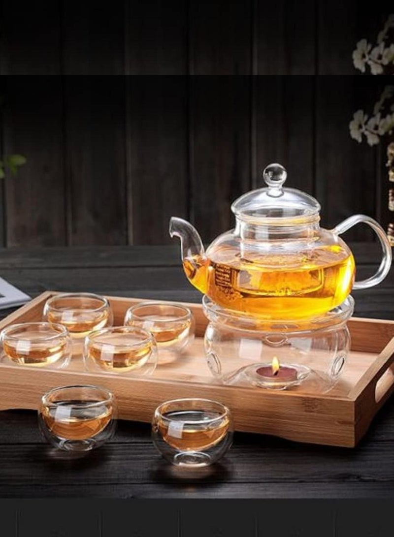 1Chase 600 ML Borosilicate Glass Teapot with Glass Tea Warmer and 6Pcs 50 ml Double Wall Glasses -Gift Set - Image 2