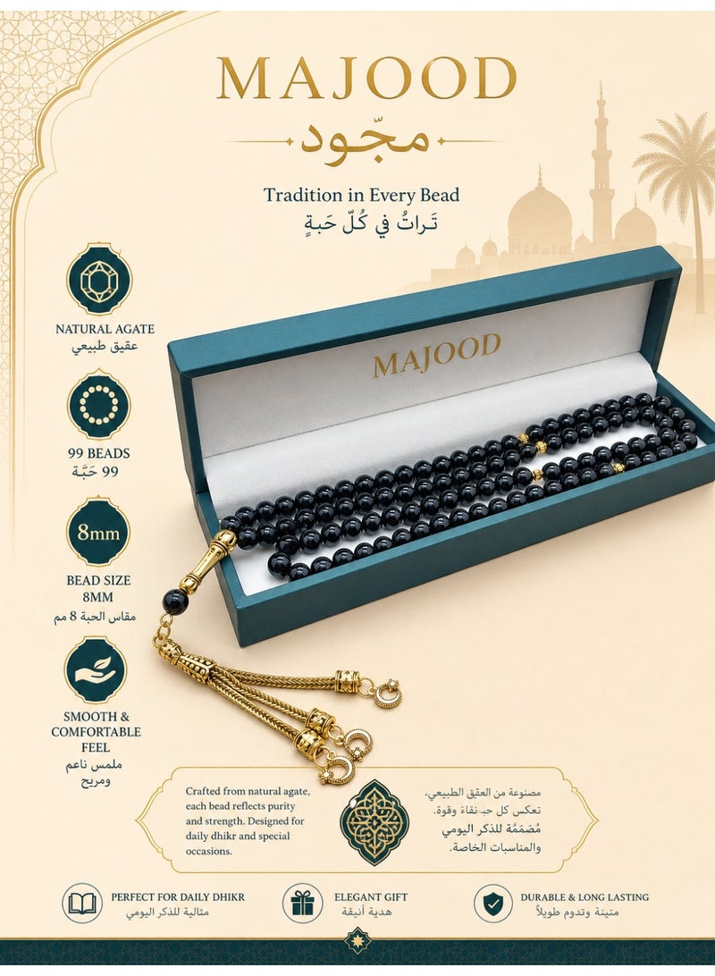 MAJOOD/99 Natural Agate Round Stone Prayer Beads/Tasbih/8MM/For Men and Women/Gift Box Set Suitable for Ramadan Gifts - Image 1