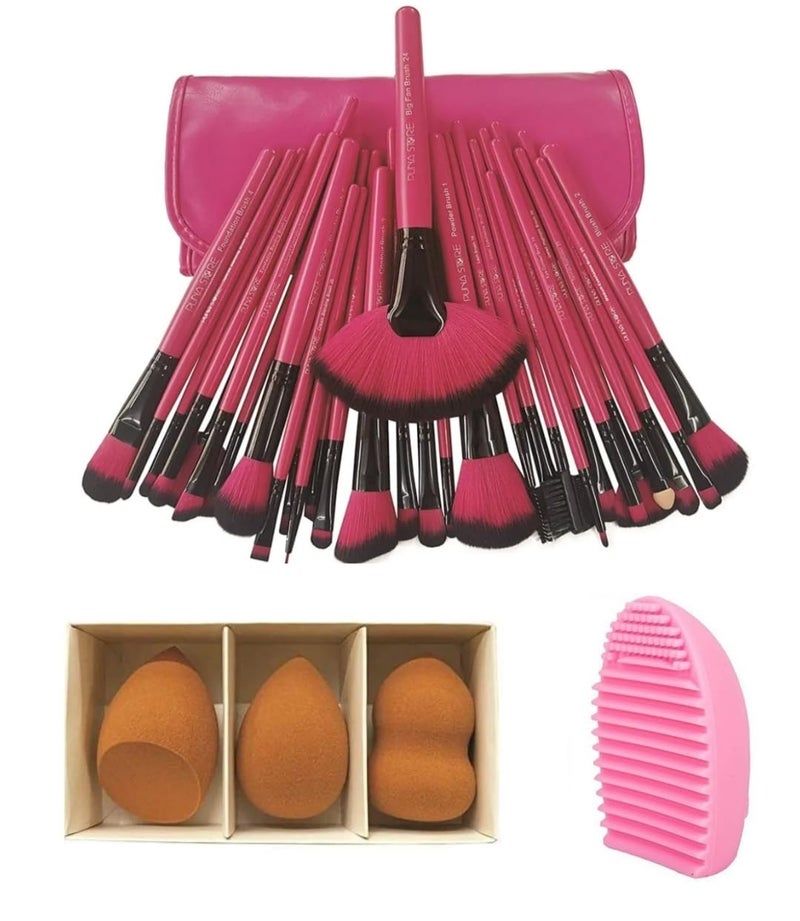 Puna Store Combo Set of 30 Piece Premium Synthetic Makeup Brush Set PINK with 3pc Makeup Blender Set Makeup Brush Cleaning Egg CrueltyFree Vegan Brushes Kabuki Foundation Eye Shadow Blending Face Pack Contouring Highlighting - Image 1