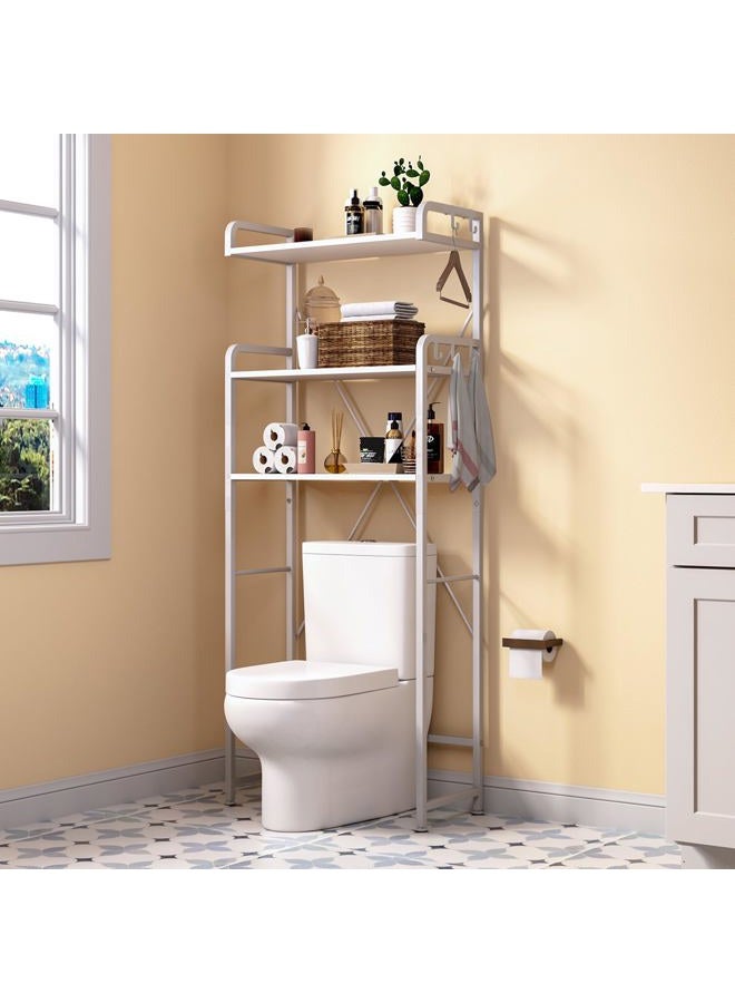 Huhote Over The Toilet Storage Rack with 3-Tier Bathroom Shelves, Space Saver Toilet Shelf, Bathroom Storage Organizer with Hooks for Over Toilet Storage and Bathroom Shelf (White) - Image 1