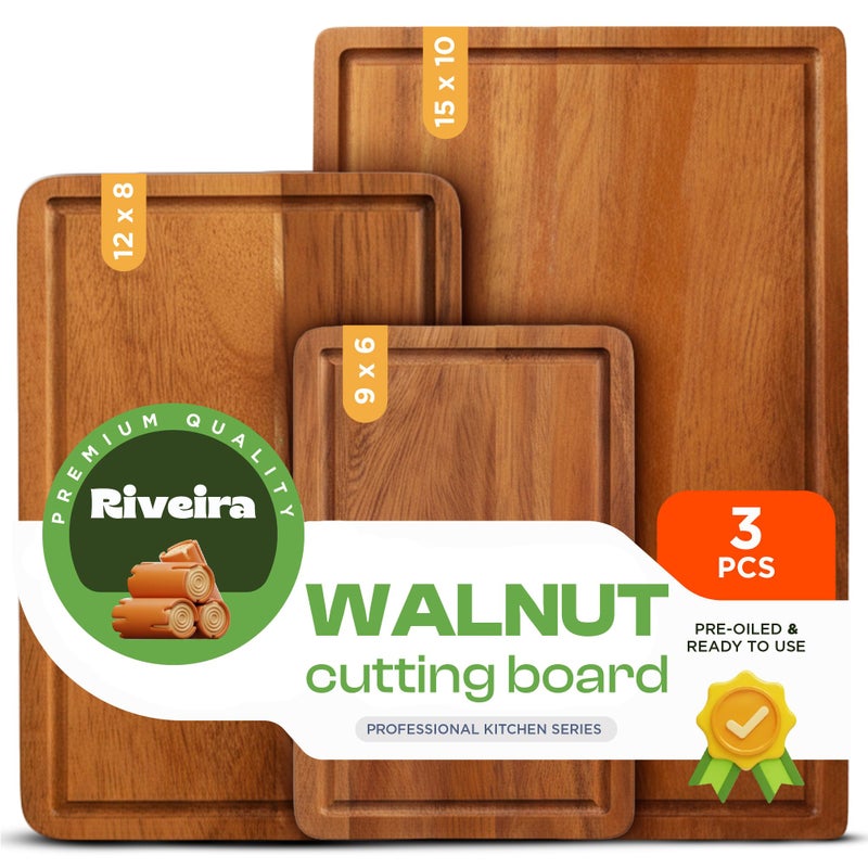 Riveira Walnut Cutting Board Set â€“ Versatile And Durable: Set Of 3 Pcs Rectangular Wooden Cutting Board â€“ Natural Wooden Cutting Boards For Kitchen â€“ Complete Walnut Wooden Chopping Board - Image 1