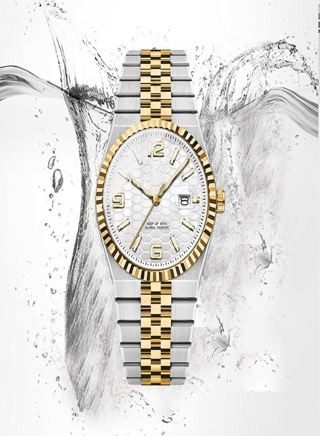 BESTKANG Men's Watch Quartz Luminous Date Fashion Waterproof Watch Classic Dress Stainless Steel Watches for Men, Two Tone White, Dress,Fashion, Trendy - Image 5