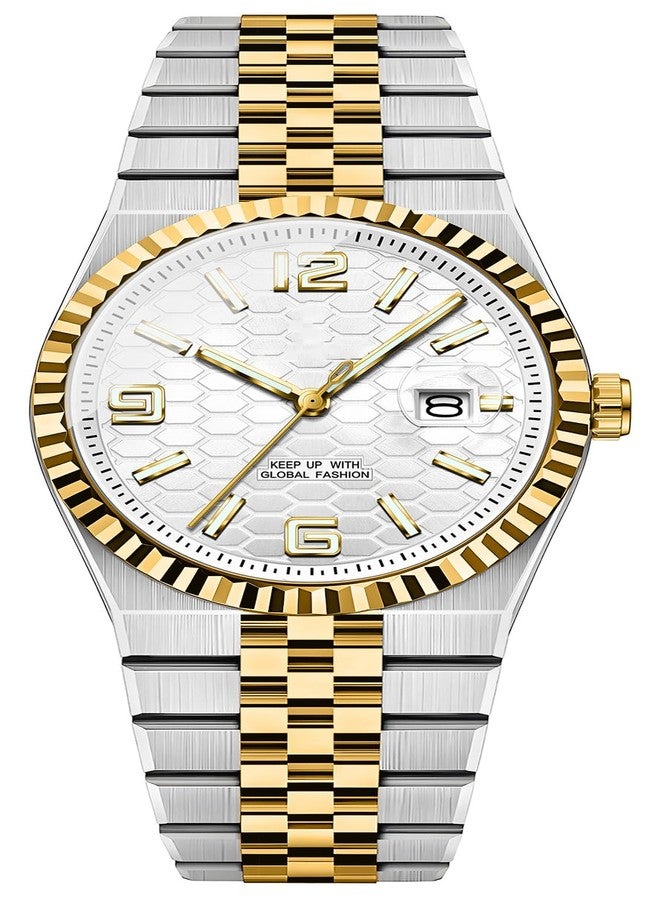 BESTKANG Men's Watch Quartz Luminous Date Fashion Waterproof Watch Classic Dress Stainless Steel Watches for Men, Two Tone White, Dress,Fashion, Trendy - Image 1