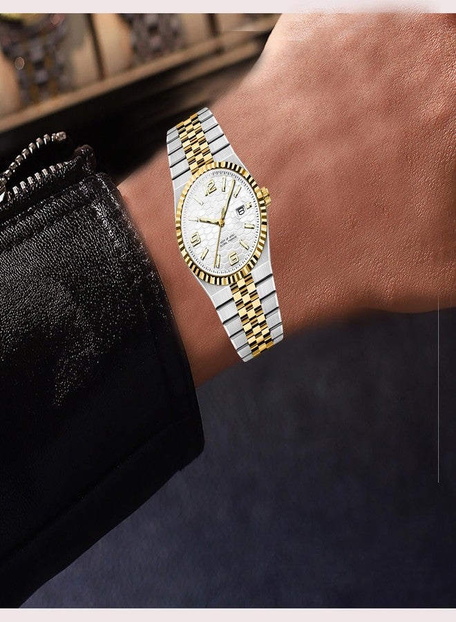 BESTKANG Men's Watch Quartz Luminous Date Fashion Waterproof Watch Classic Dress Stainless Steel Watches for Men, Two Tone White, Dress,Fashion, Trendy - Image 2