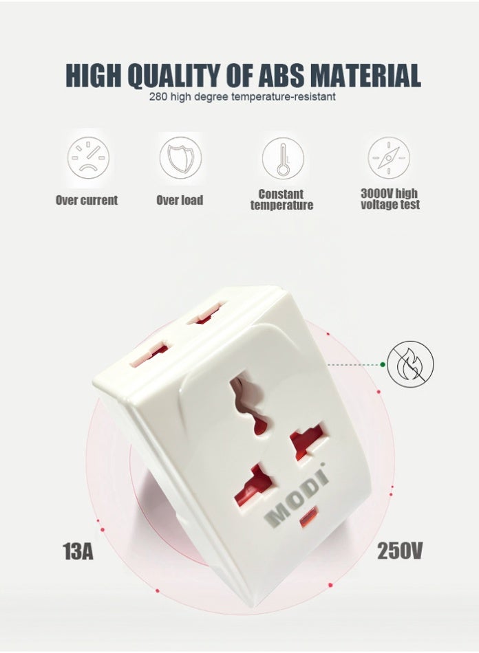 MODI 3 Side Universal Conversion Plug Adapter | Multi Socket Travel Plug | ABS Fireproof Material | Compact Adapter with Child Safety Design (2 PIECE)