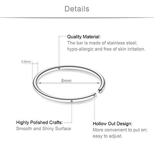 SCERRING 12PCS 22G Stainless Steel Fake Nose Septum Hoop Rings Lip Helix Cartilage Tragus Ear Ring Piercing 8mm - Silver - Image 2