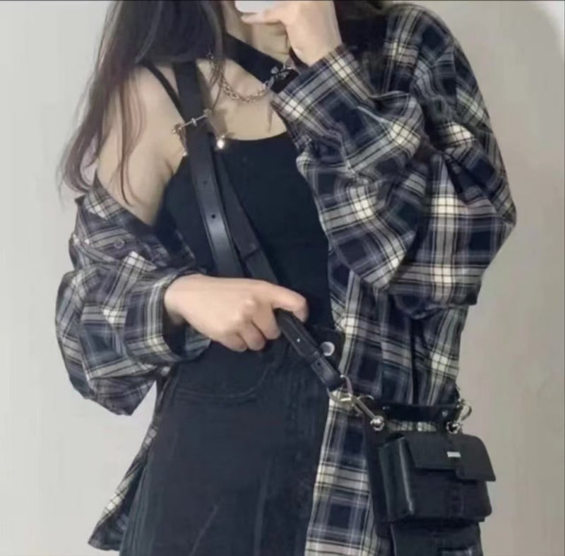 Faux Wool Thickened Plaid Shirt Autumn and Winter New Vintage Lantern Long-sleeved Loose Casual Style Coat Top 225 thin lantern sleeves-navy blue