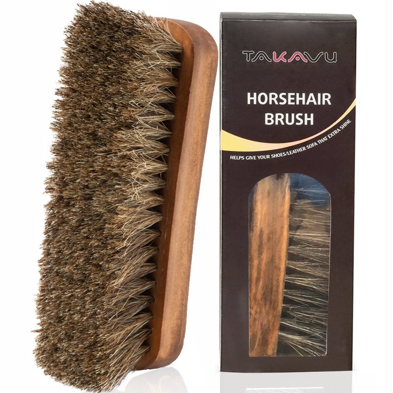 TAKAVU 6.7" Horsehair Shoe Shine Brush - 100% Soft Genuine Horse Hair Bristles - Unique Concave Design Wood Handle - Comfortable Grip, Anti Slip - for Boots, Shoes & Other Leather Care (#1)  - Image 1