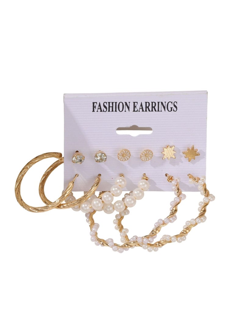 Huitich Elegant Gold Colour Tone Hoop & Stud Earrings Set – 6 Pairs with Pearl & Crystal Accents  - Image 1